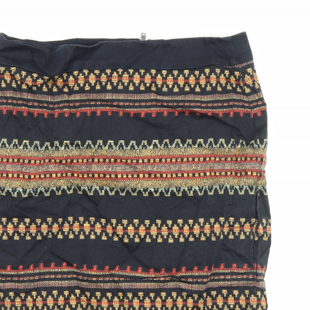 Marks and Spencer Womens Black Geometric Cotton A-Line Skirt Size 8 Zip