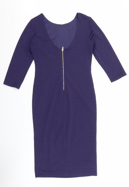 Warehouse Womens Blue Viscose Pencil Dress Size 10 Boat Neck Zip