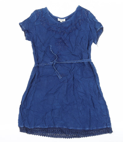 Anne smith Womens Blue Viscose A-Line Size S Boat Neck Tie - Lace Trim