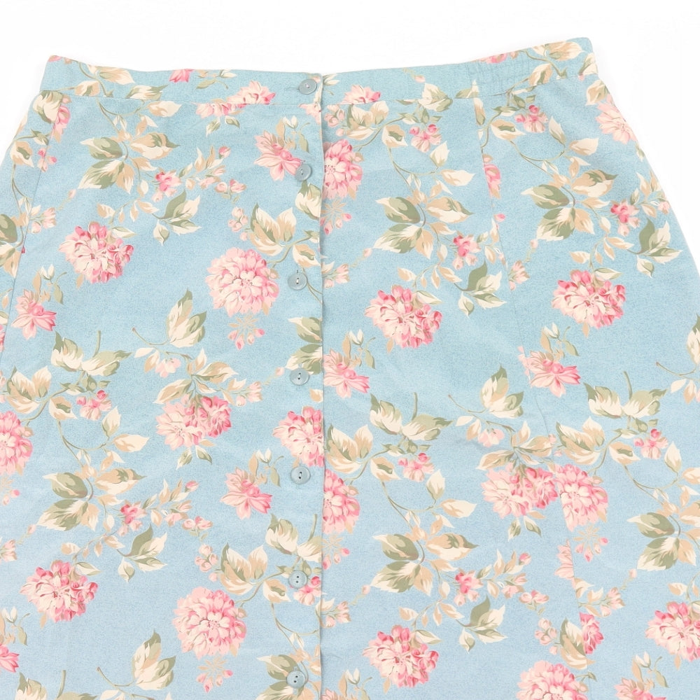 Lee David Womens Blue Floral Polyester A-Line Skirt Size 35 in Button