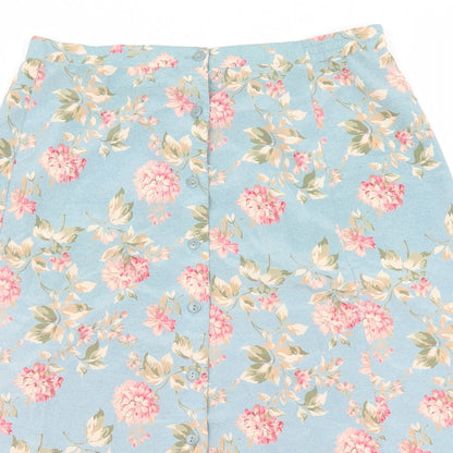 Lee David Womens Blue Floral Polyester A-Line Skirt Size 35 in Button