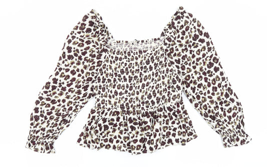 F&F Womens Brown Animal Print Viscose Basic Blouse Size 14 Square Neck - Leopard Print