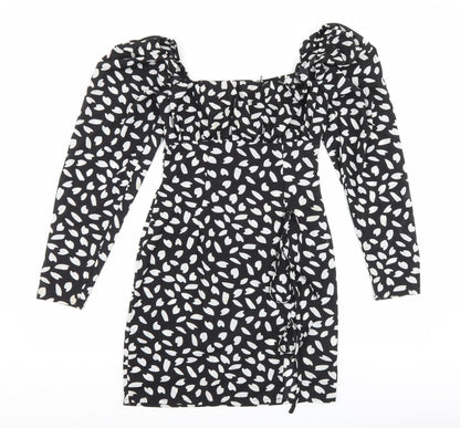 PRETTYLITTLETHING Womens Black Geometric Polyester Bodycon Size 8 Square Neck Pullover