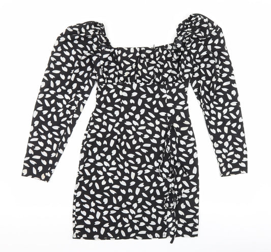 PRETTYLITTLETHING Womens Black Geometric Polyester Bodycon Size 8 Square Neck Pullover