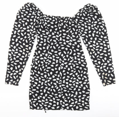 PRETTYLITTLETHING Womens Black Geometric Polyester Bodycon Size 8 Square Neck Pullover