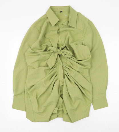 Preworn Womens Green Polyester Shirt Dress Size 8 Collared Button - Tie Front