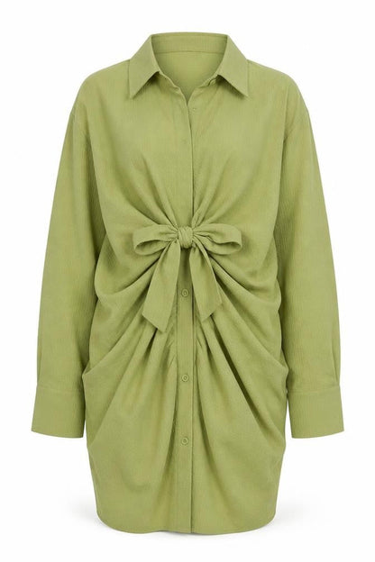 Preworn Womens Green Polyester Shirt Dress Size 8 Collared Button - Tie Front