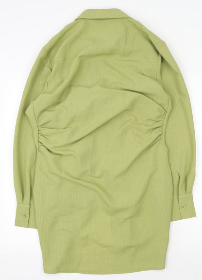Preworn Womens Green Polyester Shirt Dress Size 8 Collared Button - Tie Front