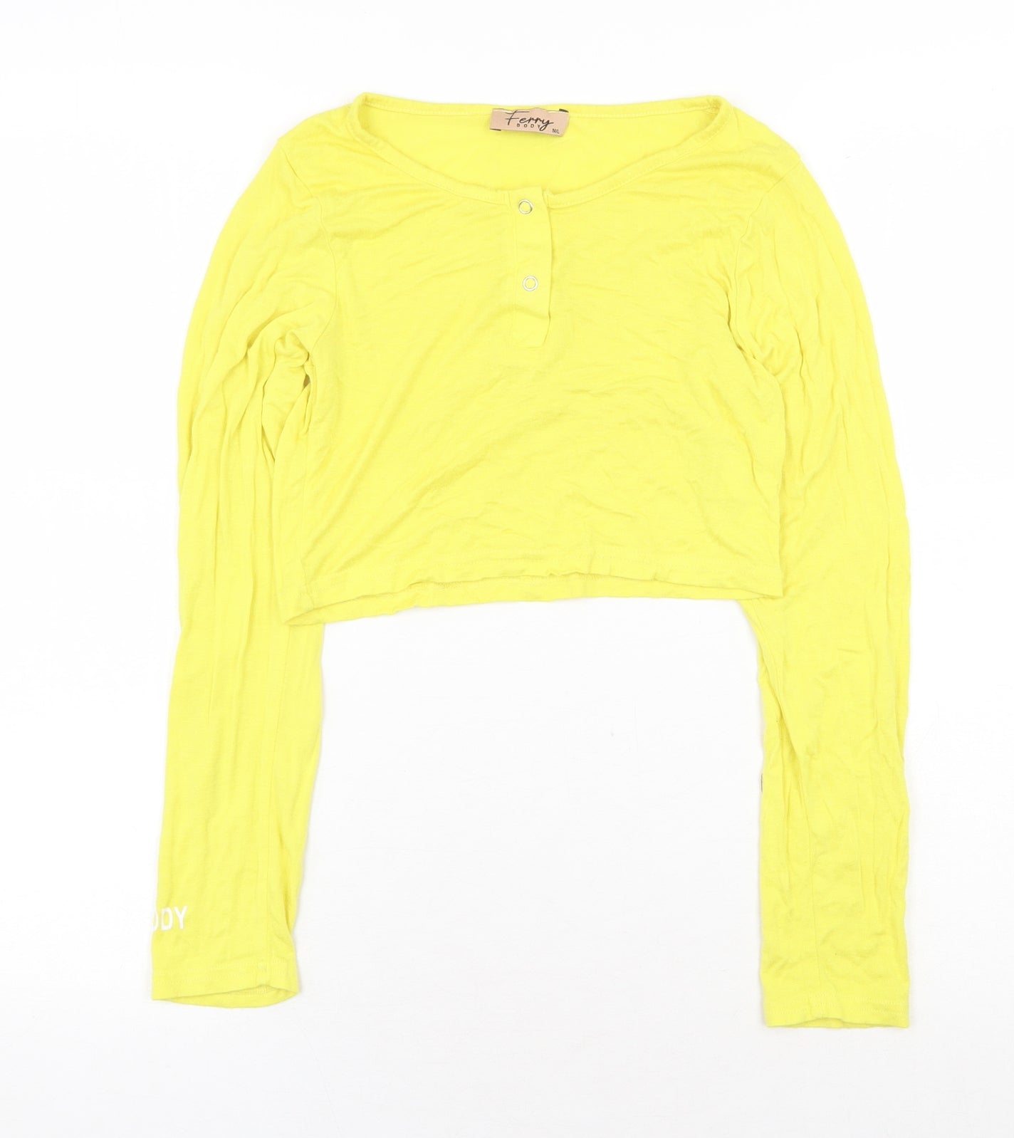 Ferry Body Womens Yellow Cotton Cropped T-Shirt Size M Round Neck