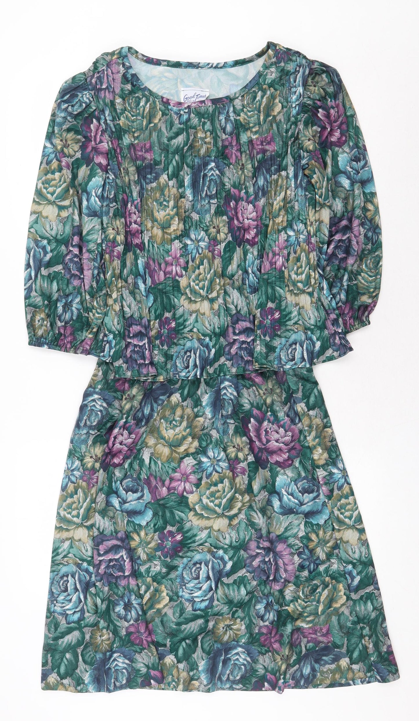 Good Times Womens Green Floral Polyester A-Line Size 10 Scoop Neck Pullover