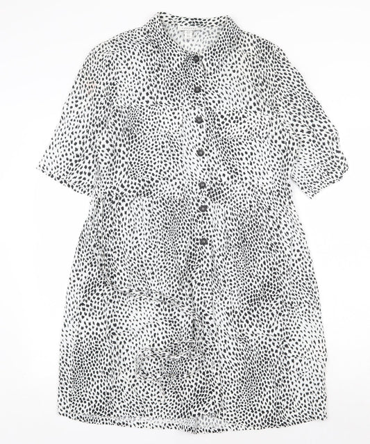 Topshop Womens White Geometric Viscose Shirt Dress Size 10 Collared Tie