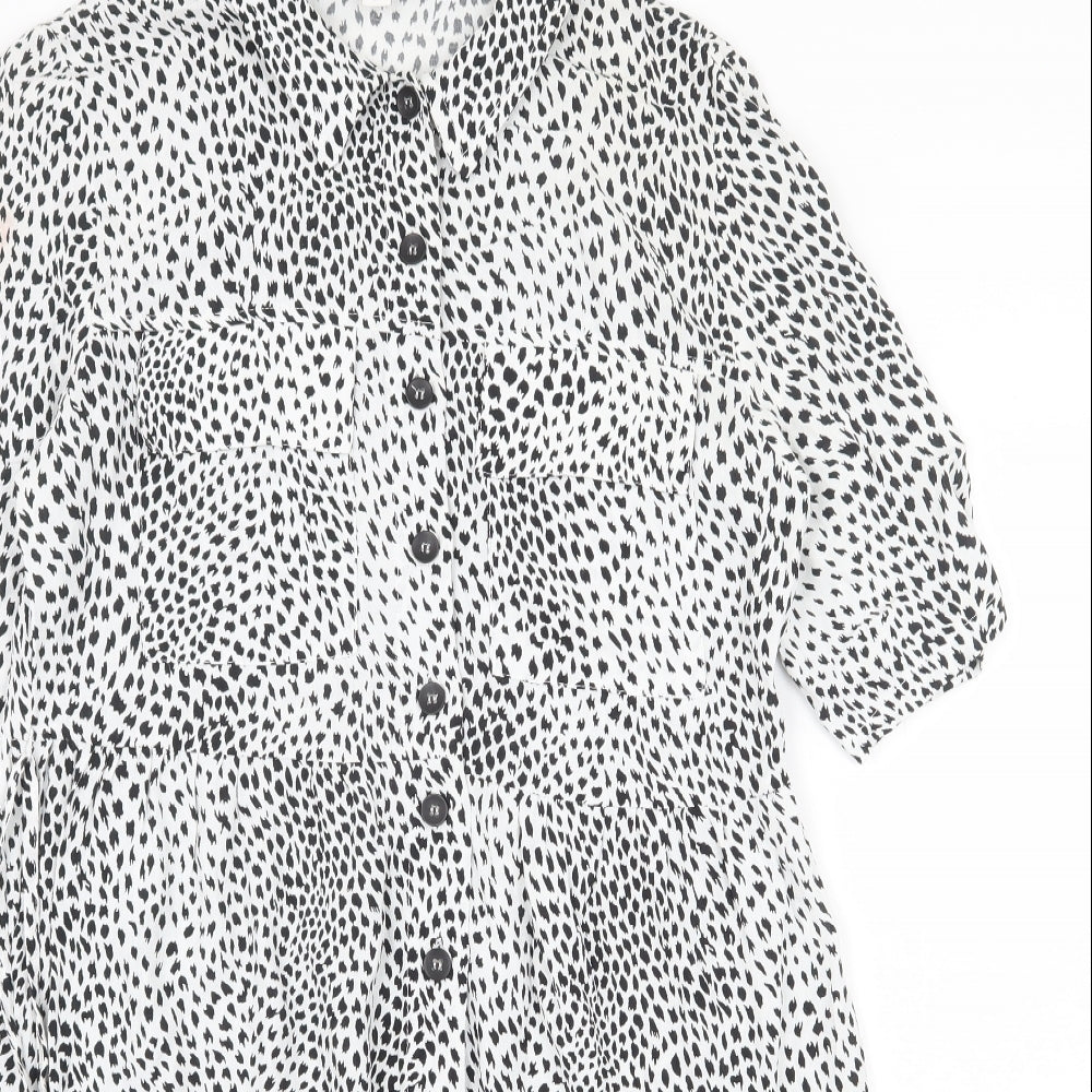 Topshop Womens White Geometric Viscose Shirt Dress Size 10 Collared Tie
