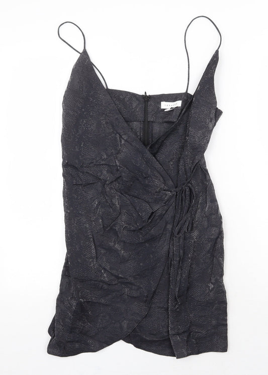 Topshop Womens Grey Animal Print Viscose Mini Size 6 V-Neck Zip - Snake Pattern