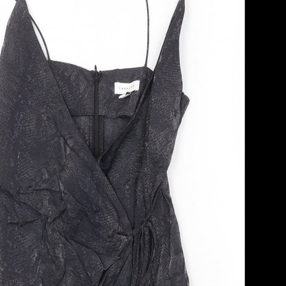 Topshop Womens Grey Animal Print Viscose Mini Size 6 V-Neck Zip - Snake Pattern