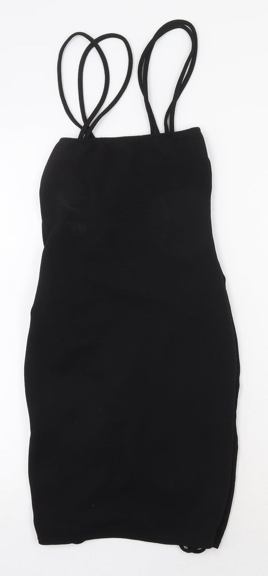 PRETTYLITTLETHING Womens Black Polyester Bodycon Size 6 Square Neck Tie