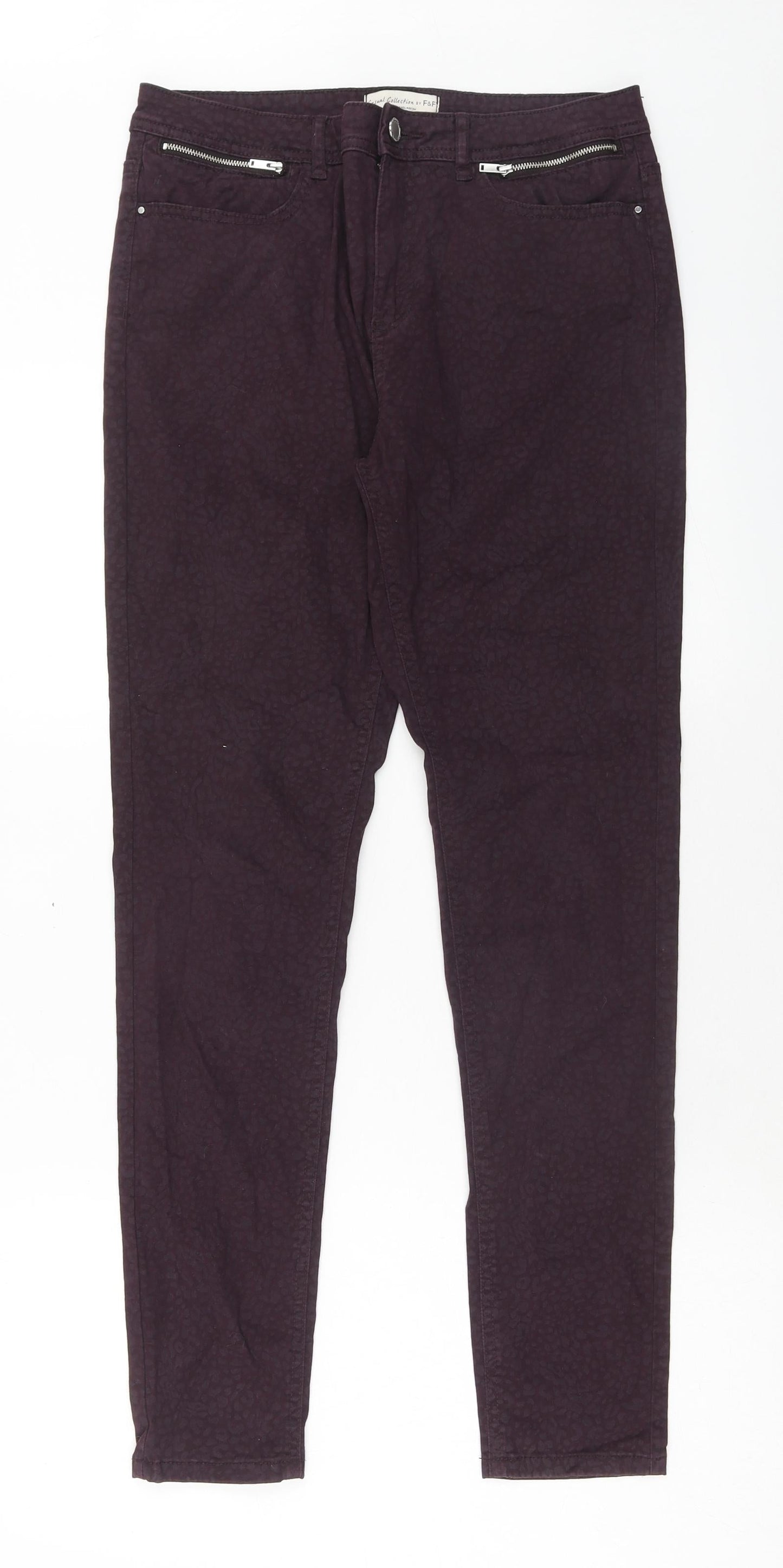 F&F Womens Purple Animal Print Cotton Skinny Jeans Size 10 Regular Zip