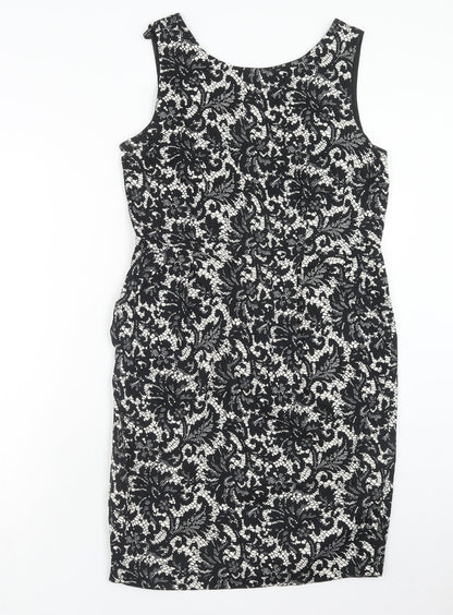 Dorothy Perkins Womens Black Floral Cotton Pencil Dress Size 14 Boat Neck Zip - Lace Overlay
