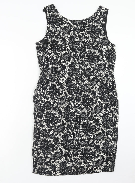 Dorothy Perkins Womens Black Floral Cotton Pencil Dress Size 14 Boat Neck Zip - Lace Overlay