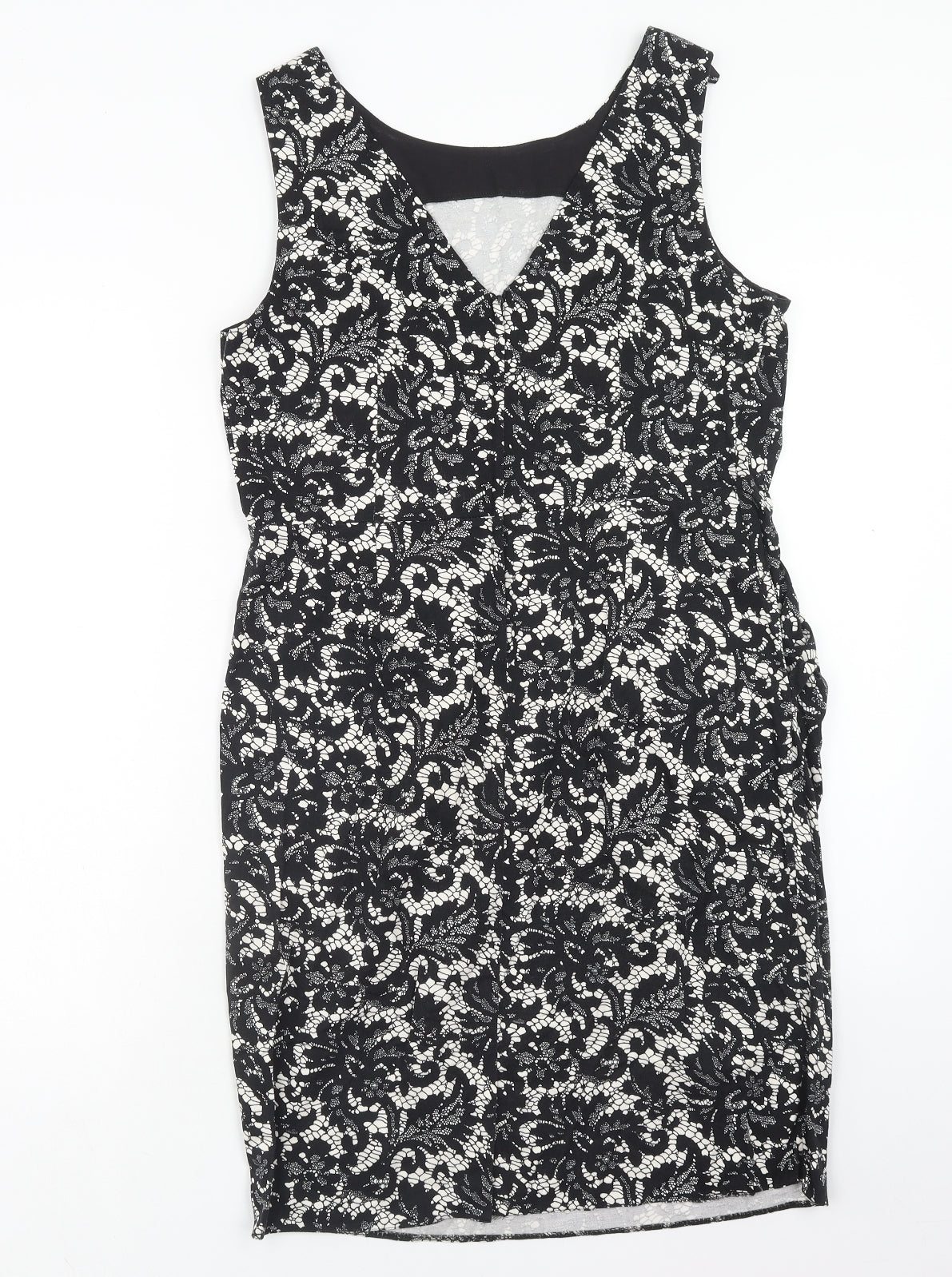 Dorothy Perkins Womens Black Floral Cotton Pencil Dress Size 14 Boat Neck Zip - Lace Overlay