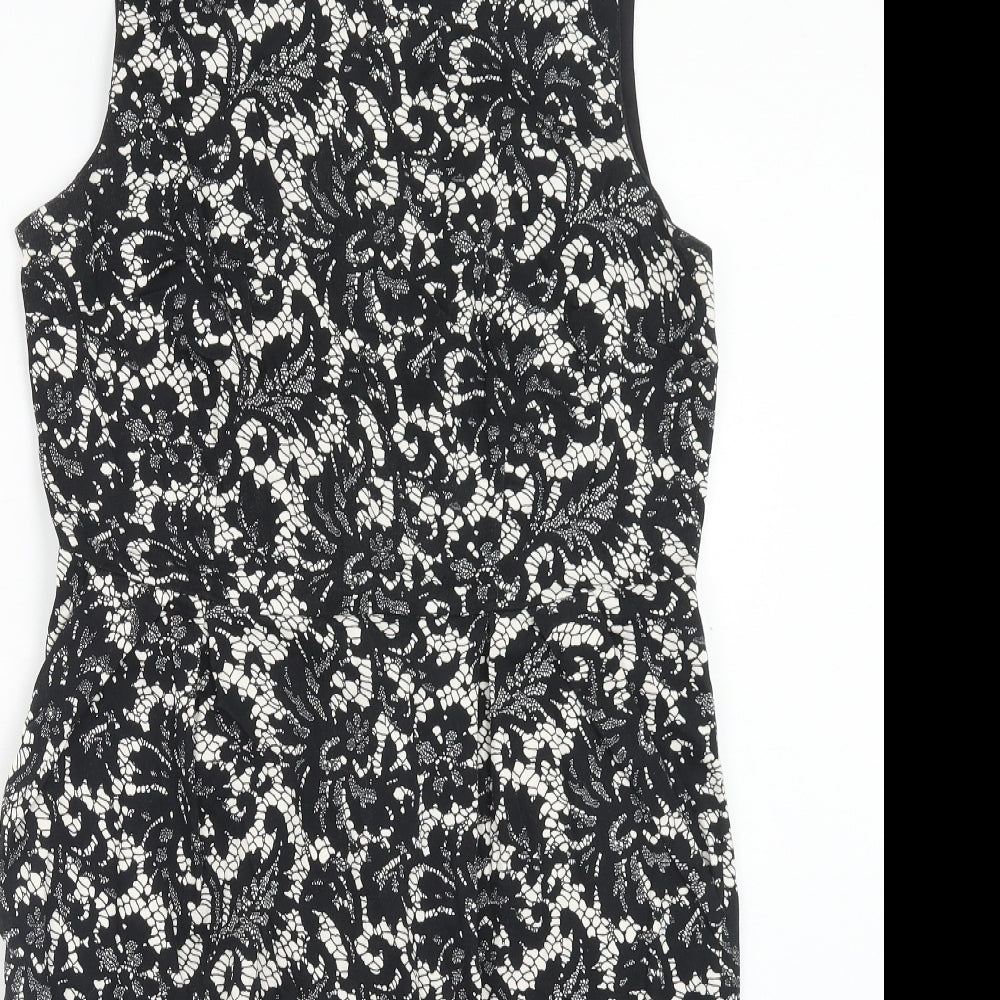 Dorothy Perkins Womens Black Floral Cotton Pencil Dress Size 14 Boat Neck Zip - Lace Overlay