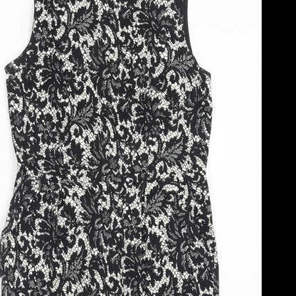 Dorothy Perkins Womens Black Floral Cotton Pencil Dress Size 14 Boat Neck Zip - Lace Overlay