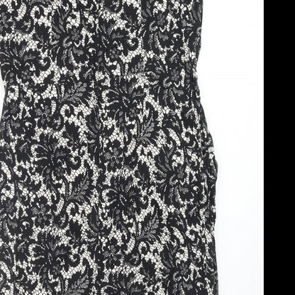 Dorothy Perkins Womens Black Floral Cotton Pencil Dress Size 14 Boat Neck Zip - Lace Overlay