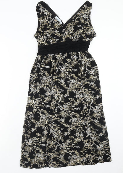 Body Heat Womens Black Floral Polyester A-Line Size 6 V-Neck Pullover