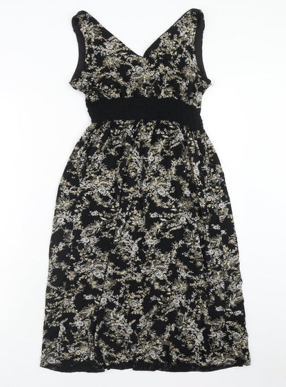 Body Heat Womens Black Floral Polyester A-Line Size 6 V-Neck Pullover