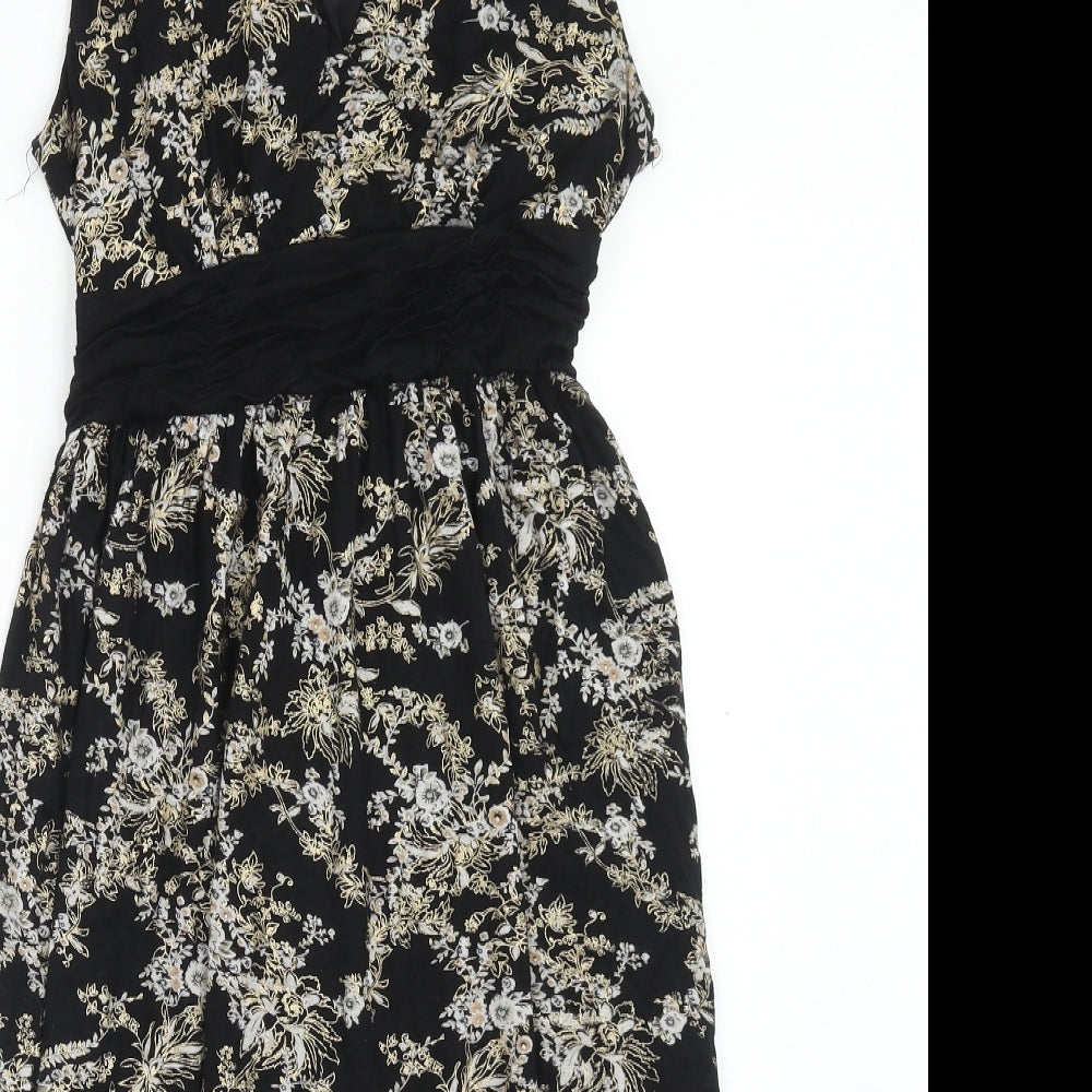Body Heat Womens Black Floral Polyester A-Line Size 6 V-Neck Pullover