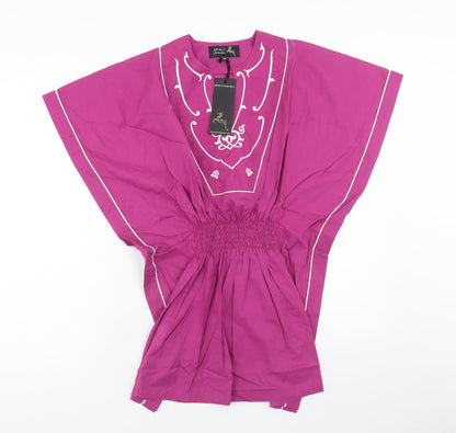 Spirit Of Arabia Womens Purple Geometric Cotton Mini Size XL Round Neck Pullover - Shirred Waist