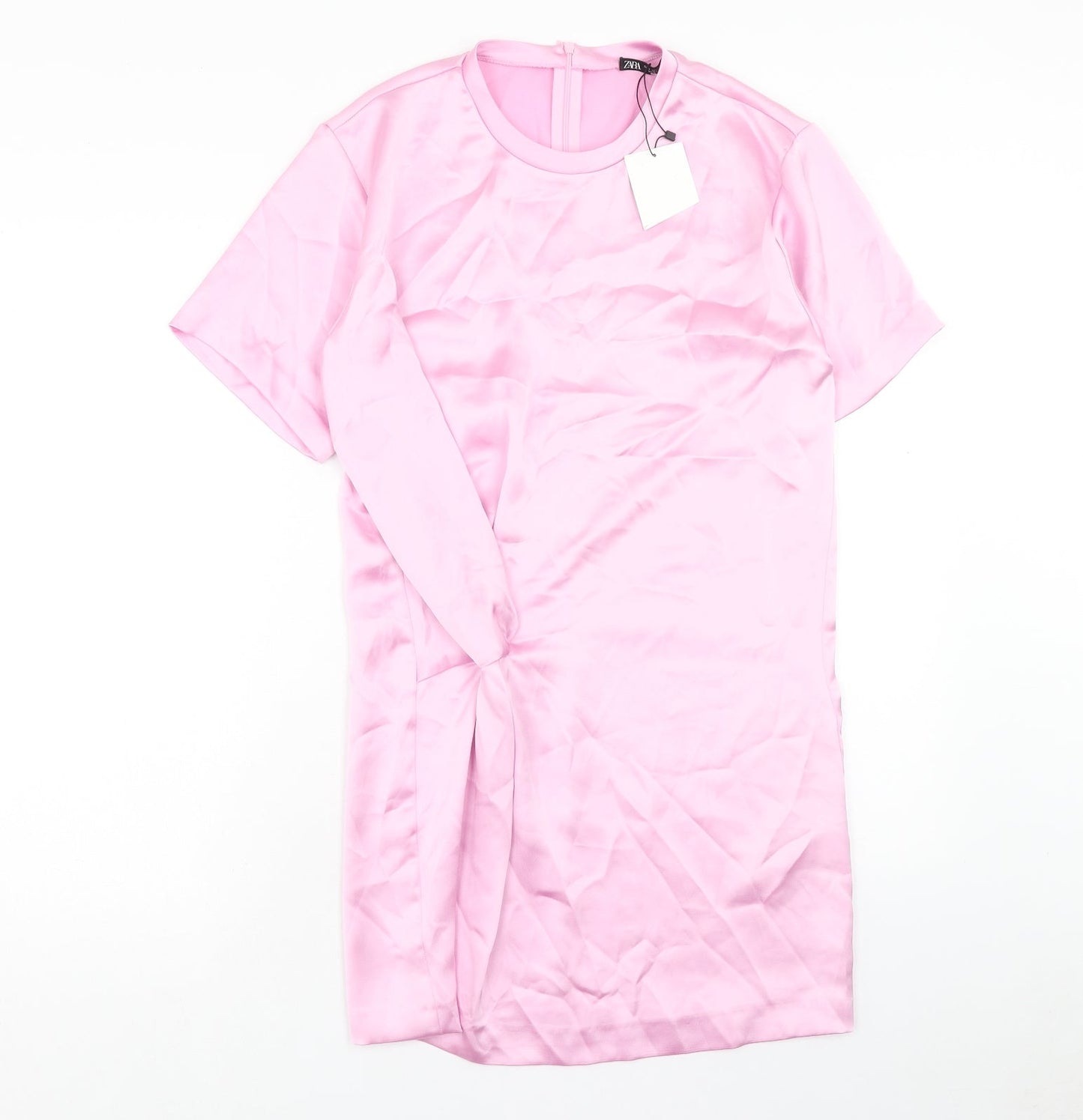 Zara Womens Pink Polyester Shirt Dress Size S Round Neck Zip