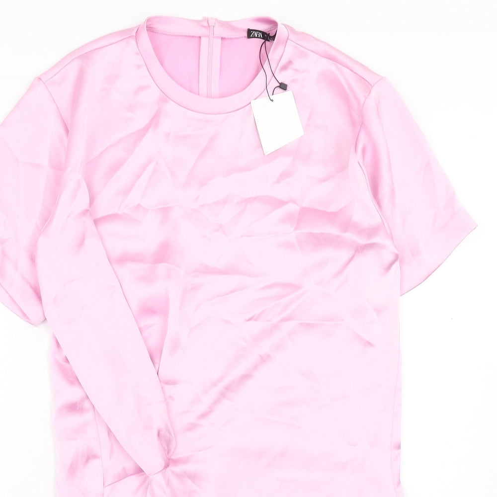 Zara Womens Pink Polyester Shirt Dress Size S Round Neck Zip