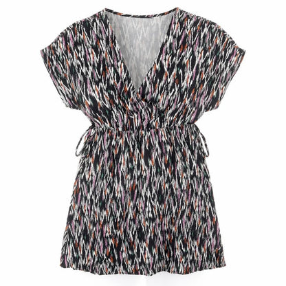 Marks and Spencer Womens Blue Geometric Viscose Mini Size 10 V-Neck Pullover