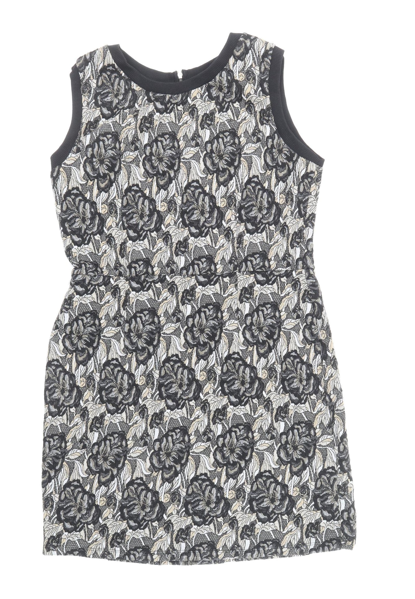 NEXT Womens Black Floral Polyester Shift Size 14 Boat Neck Zip