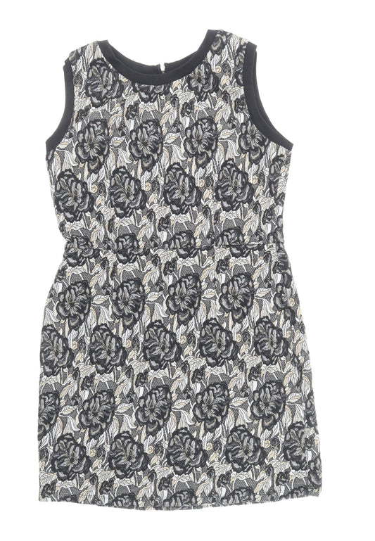NEXT Womens Black Floral Polyester Shift Size 14 Boat Neck Zip