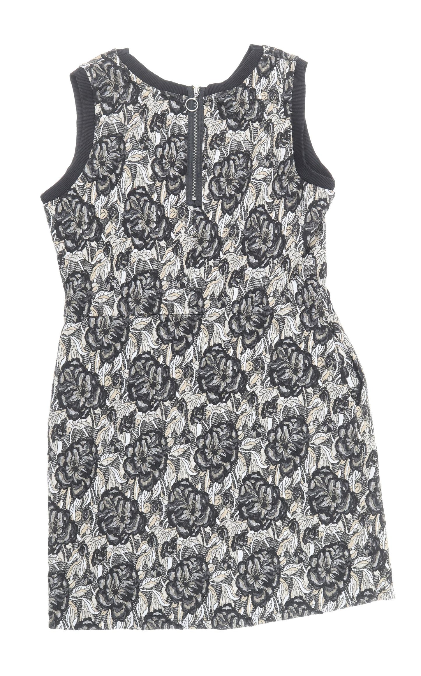 NEXT Womens Black Floral Polyester Shift Size 14 Boat Neck Zip