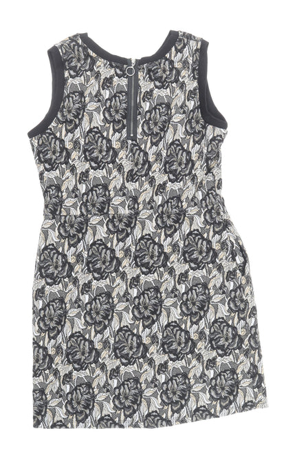 NEXT Womens Black Floral Polyester Shift Size 14 Boat Neck Zip