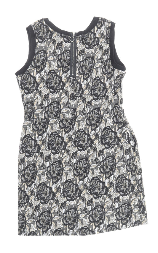 NEXT Womens Black Floral Polyester Shift Size 14 Boat Neck Zip