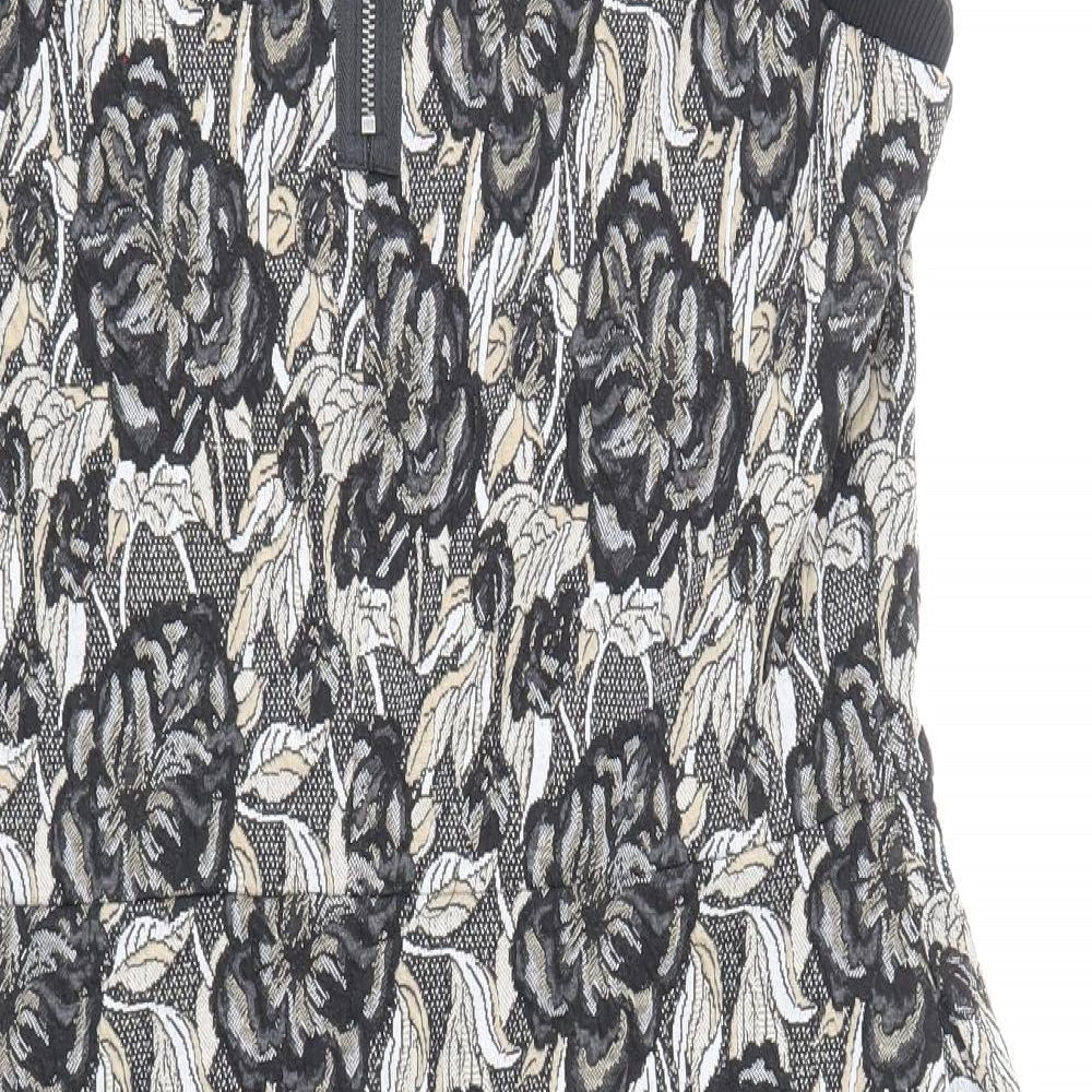 NEXT Womens Black Floral Polyester Shift Size 14 Boat Neck Zip