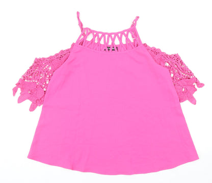 Chicme Womens Pink Cotton Basic Blouse Size M Scoop Neck - Crochet Sleeve Detail Cold Shoulder