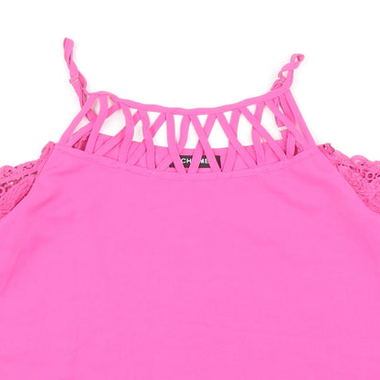 Chicme Womens Pink Cotton Basic Blouse Size M Scoop Neck - Crochet Sleeve Detail Cold Shoulder