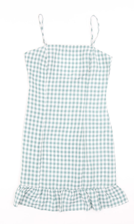 Missguided Womens Blue Check Polyester Bodycon Size 6 Square Neck Zip