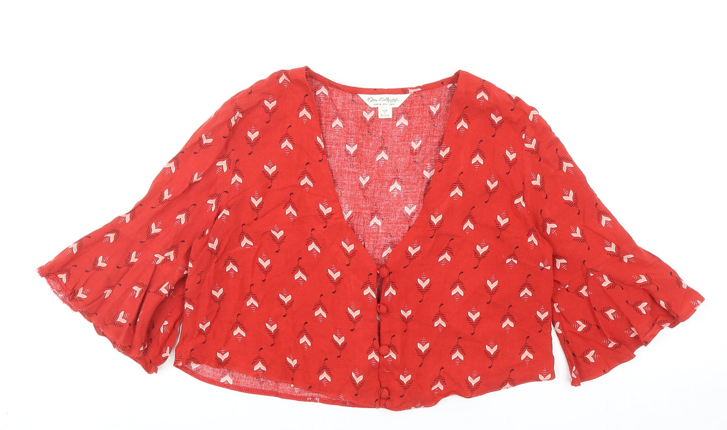 Miss Selfridge Womens Red Geometric Viscose Cropped Button-Up Size 6 V-Neck