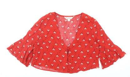 Miss Selfridge Womens Red Geometric Viscose Cropped Button-Up Size 6 V-Neck