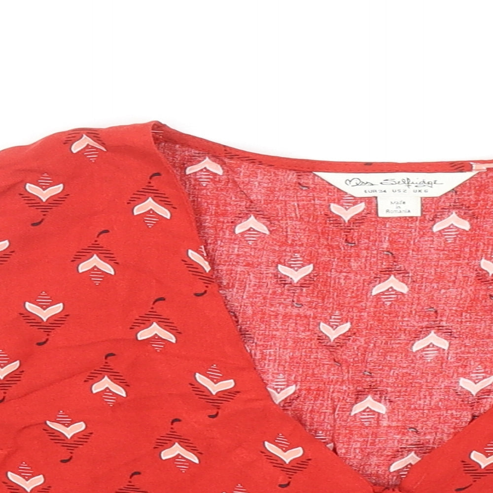 Miss Selfridge Womens Red Geometric Viscose Cropped Button-Up Size 6 V-Neck