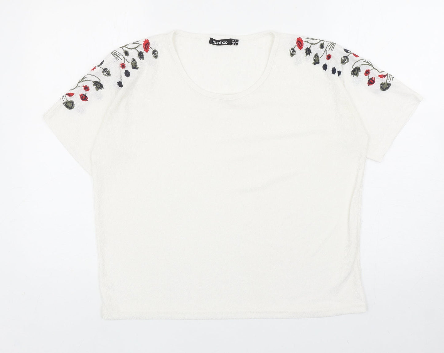 Boohoo Womens White Polyester Basic T-Shirt Size 6 Round Neck - Floral Detail