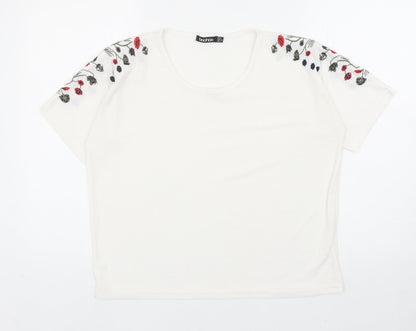 Boohoo Womens White Polyester Basic T-Shirt Size 6 Round Neck - Floral Detail
