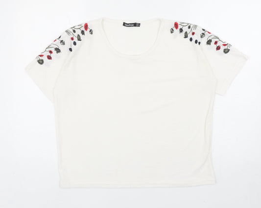 Boohoo Womens White Polyester Basic T-Shirt Size 6 Round Neck - Floral Detail