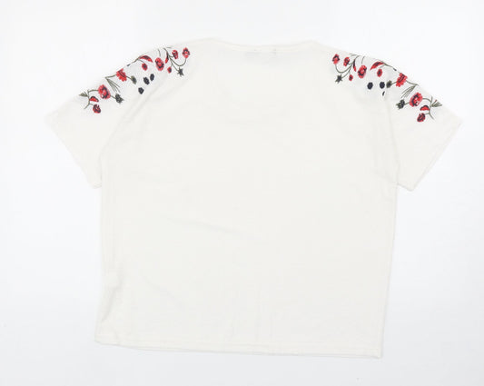 Boohoo Womens White Polyester Basic T-Shirt Size 6 Round Neck - Floral Detail