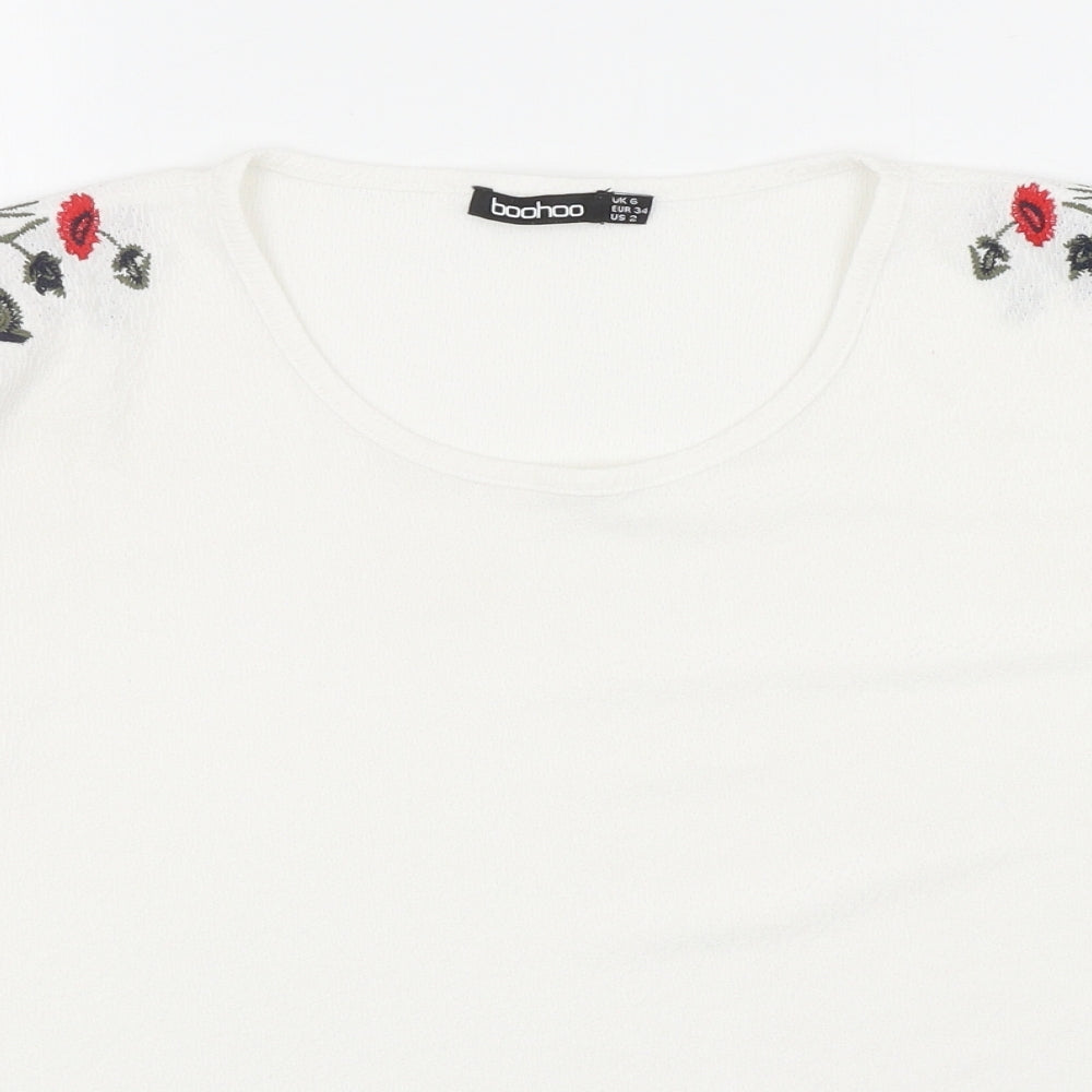 Boohoo Womens White Polyester Basic T-Shirt Size 6 Round Neck - Floral Detail